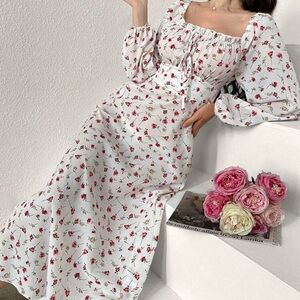 Mulvari Women's Floral Printed Long Sleeve Square Neck Vacation Dress